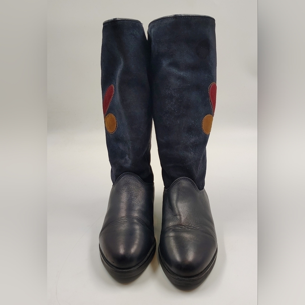 Navy Black Leather Suede Winter Women's Boots Sz 36 w/ Appique - Picture 2 of 15